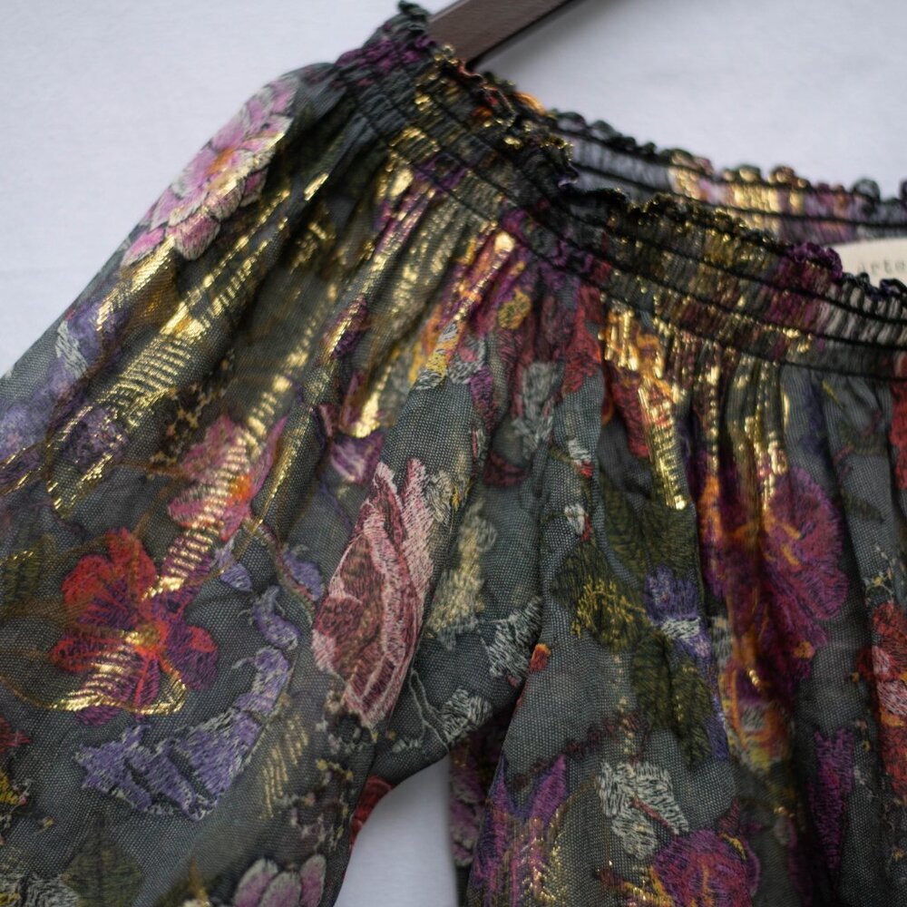 Nicole Miller Artelier M Silk Floral Boho Top Gold Metallic Off-Shoulder Blouse - Picture 4 of 11